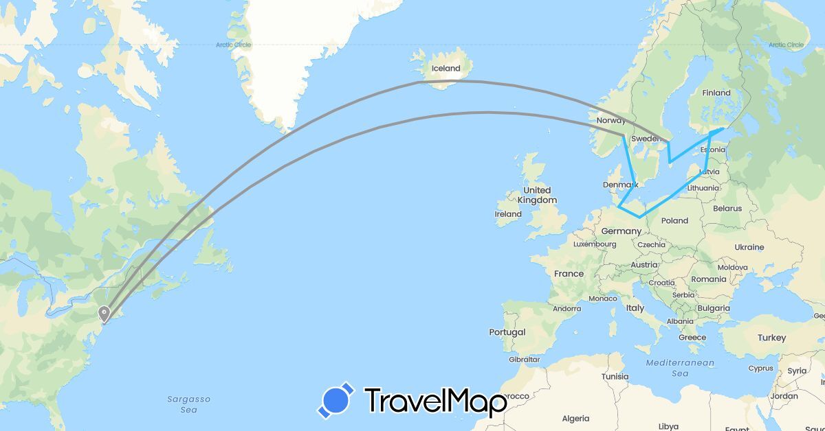 TravelMap itinerary: driving, plane, boat in Germany, Denmark, Estonia, Finland, Iceland, Lithuania, Latvia, Norway, Poland, Sweden, United States (Europe, North America)